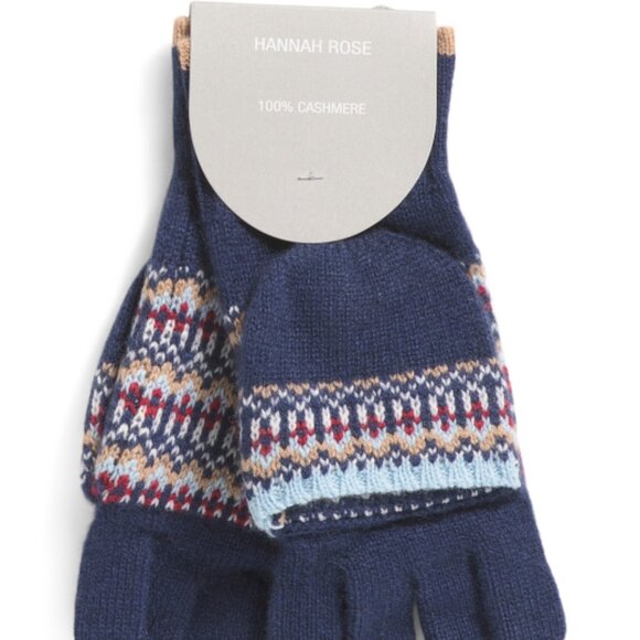 NEW HANNAH ROSE Cashmere Nordic Fair Isle Flip Top Gloves  Blue Multi 362mn - Picture 2 of 4